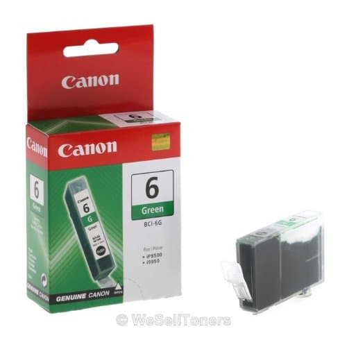 Canon BCI-6G green ink cartridge in a green and red box, featuring a clear plastic cartridge with a label indicating the color and model number.
