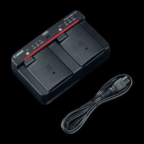 Canon LC-E19 battery charger in black with a red accent, featuring two battery slots, LED indicators, and a power cable for charging.