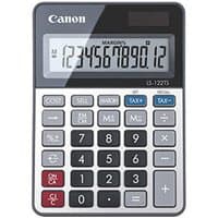 Canon LS-122TS calculator, grey desktop model, large display, dual power, tax and cost buttons, black and white keys.