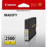 Canon PGI-2500Y yellow ink cartridge in black casing with yellow label, packaged in red and white Canon Maxify box.