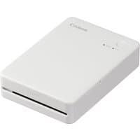White Canon SELPHY QX20 photo printer, compact design, dye-sublimation, 287 x 287 DPI, with a sleek rectangular shape.