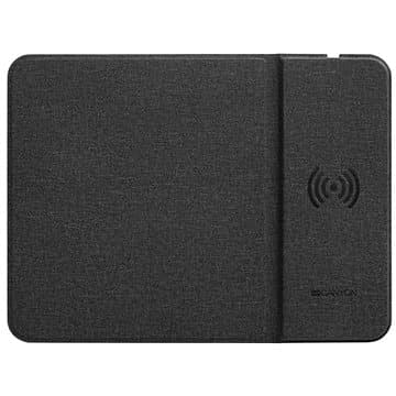 Black fabric mouse pad with a textured surface, featuring a wireless charging area marked by a circular icon and the Canyon logo in the bottom right corner.