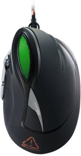 Black Canyon Emisat Vertical gaming mouse featuring a textured grip, seven buttons, and a green illuminated side panel for enhanced visibility and ergonomics.