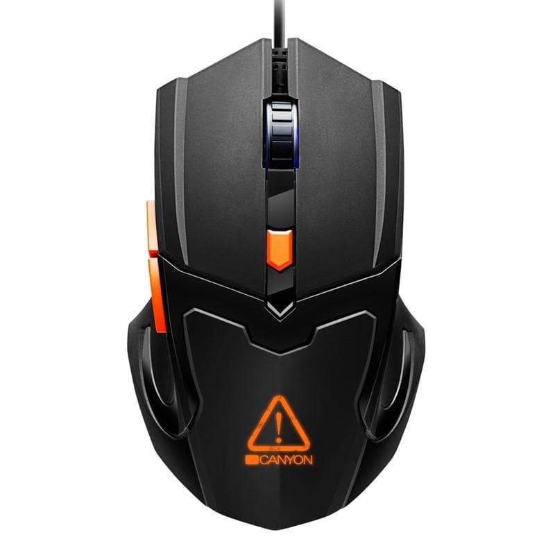 Canyon Vigil 6 button optical mouse in black, featuring a sleek design, orange accents, a blue scroll wheel, and an illuminated Canyon logo on the base.