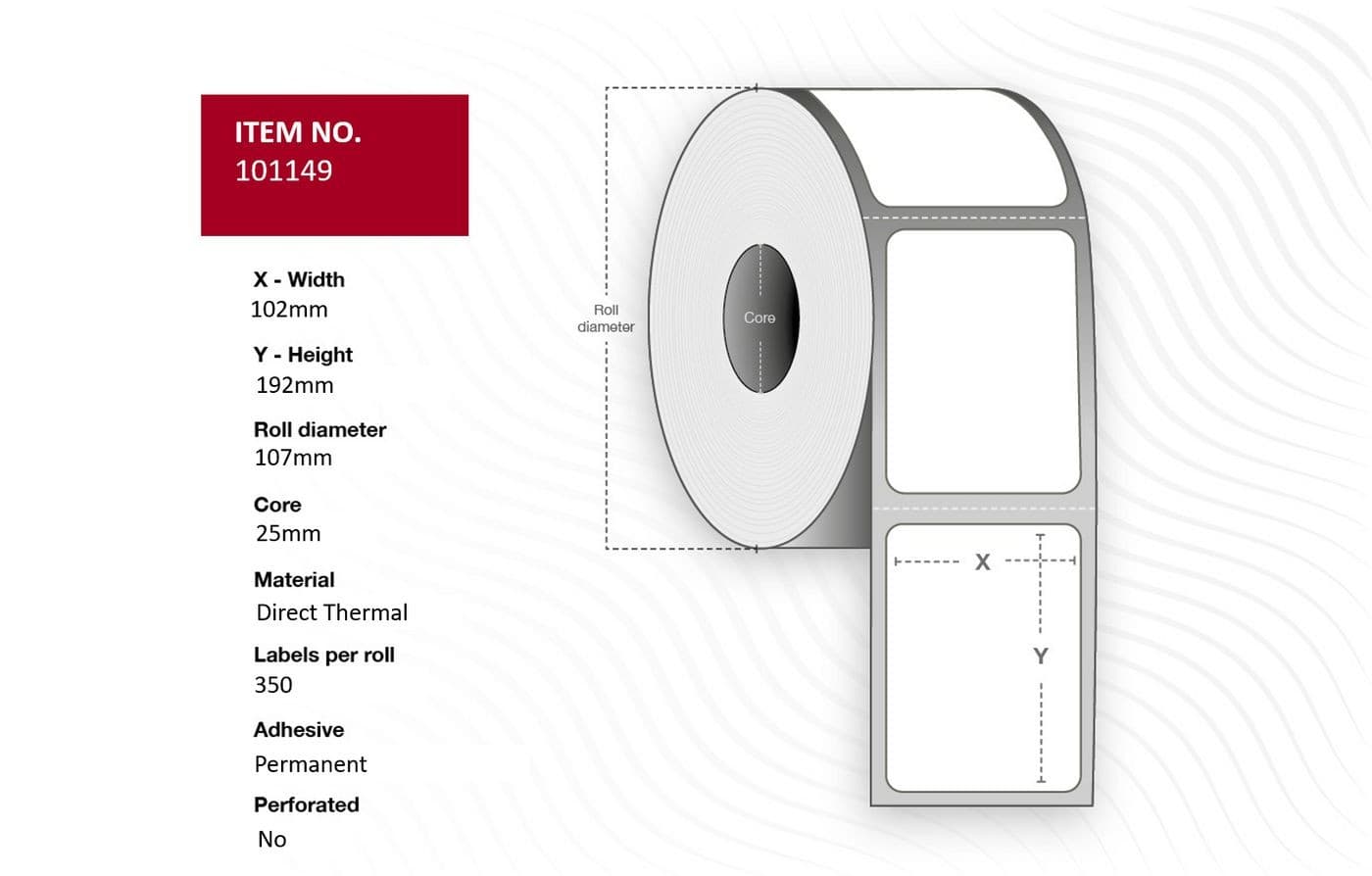 White roll of direct thermal labels measuring 102mm wide and 192mm high, with a core diameter of 25mm, featuring a perforated design for easy separation.