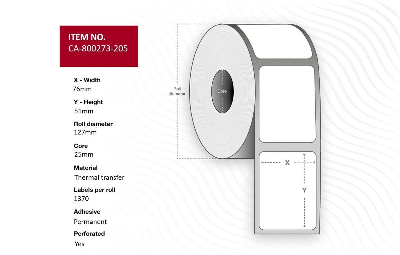 White thermal transfer label roll featuring dimensions of 76x51mm, a core size of 25mm, and a total of 1370 perforated labels per roll.