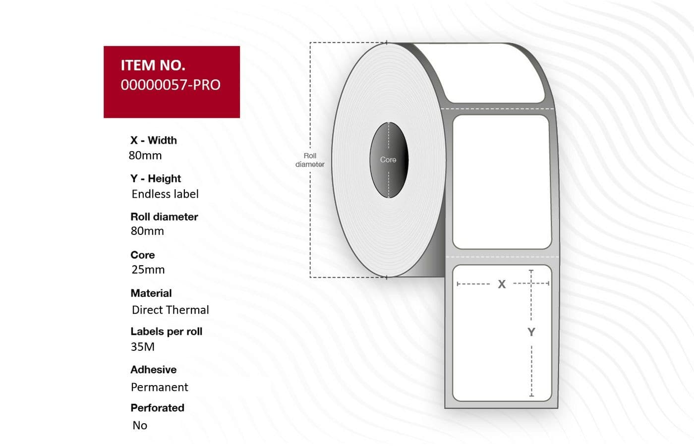 White roll of thermal labels with dimensions labeled, featuring a core diameter of 35mm, endless label design, and adhesive backing for easy application.