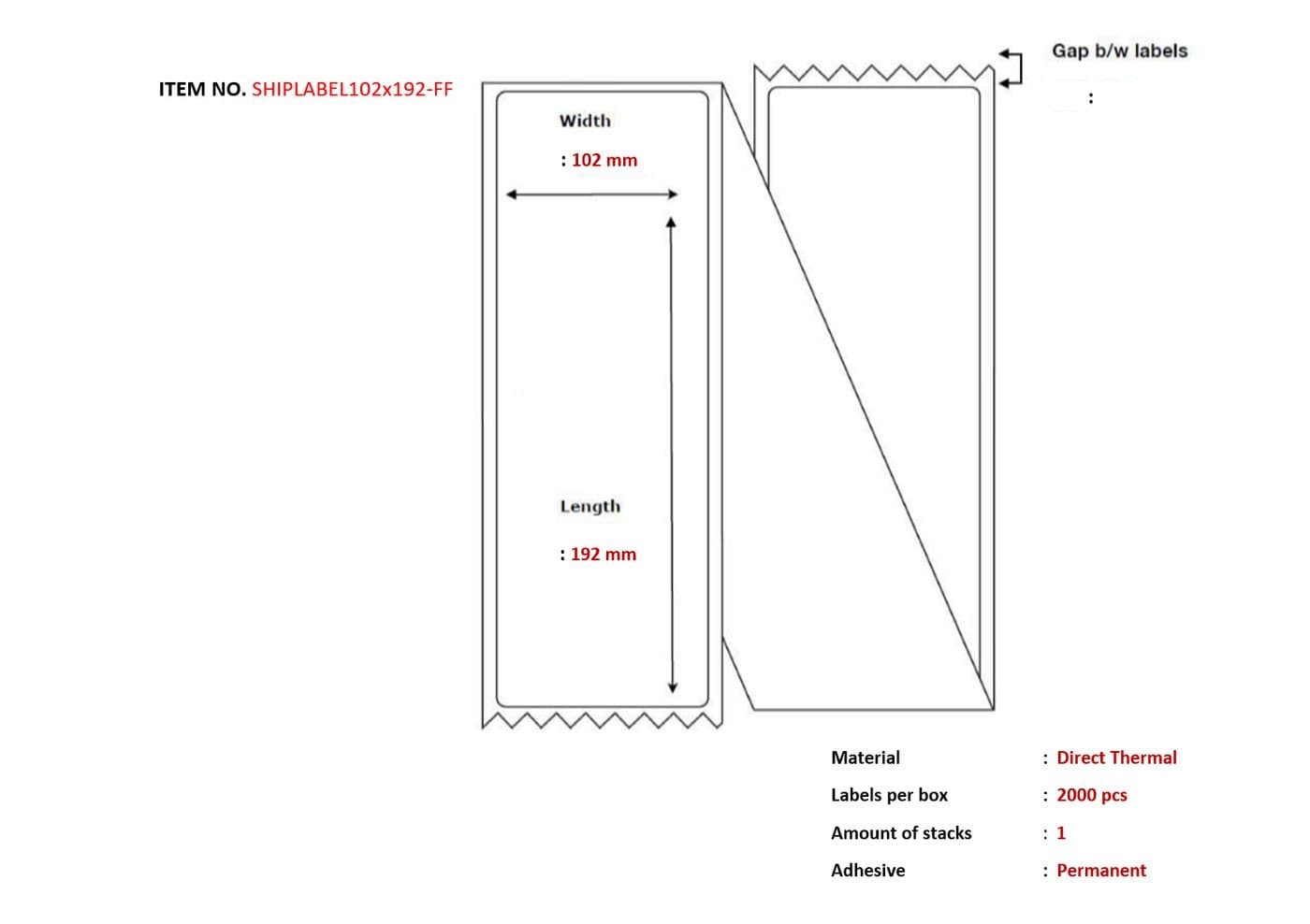 White label design with dimensions 102mm x 192mm, featuring a permanent adhesive, direct thermal material, and a stack of 2000 labels per box.
