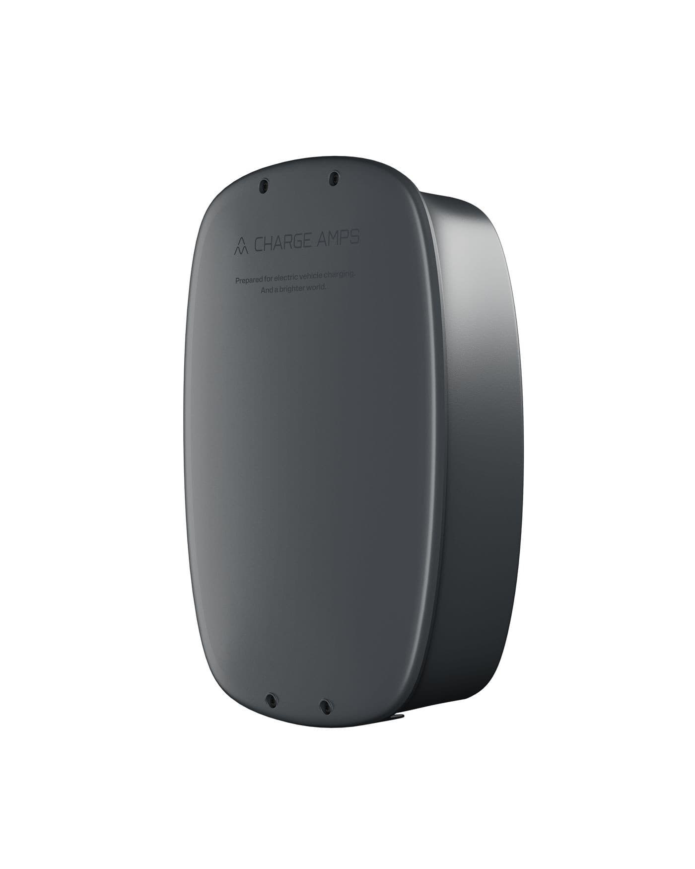 Dark gray wall-mounted charging station with a smooth, rounded design, featuring the "Charge Amps" logo and ventilation holes for cooling.