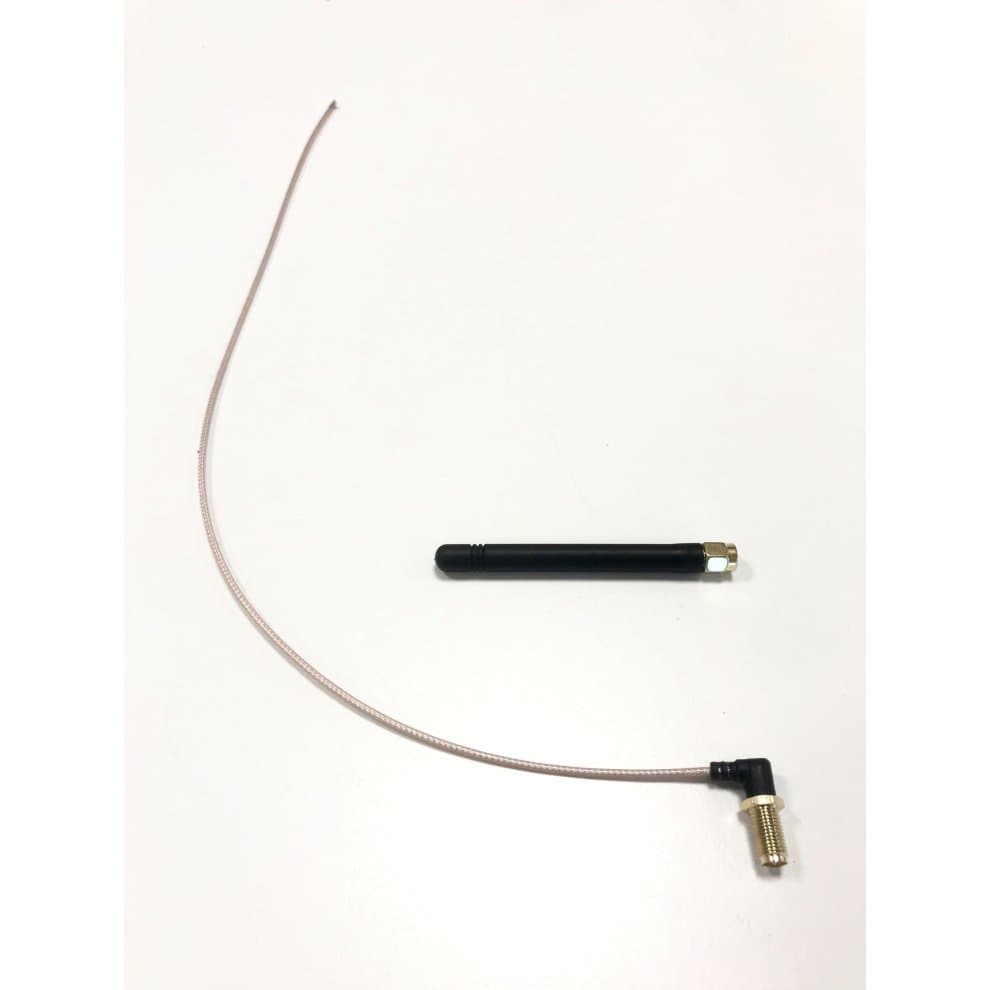 Black cylindrical antenna with a gold connector, accompanied by a flexible cable with a right-angle connector, all set against a plain white background.