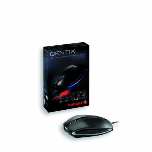 Black Cherry JM-0300 Optical Mouse with USB connection, featuring a sleek design, textured grip, and LED lighting accents, displayed alongside its packaging.
