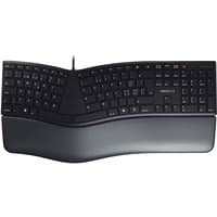 Black ergonomic USB keyboard with split QWERTZ layout and curved design, featuring a built-in wrist rest.