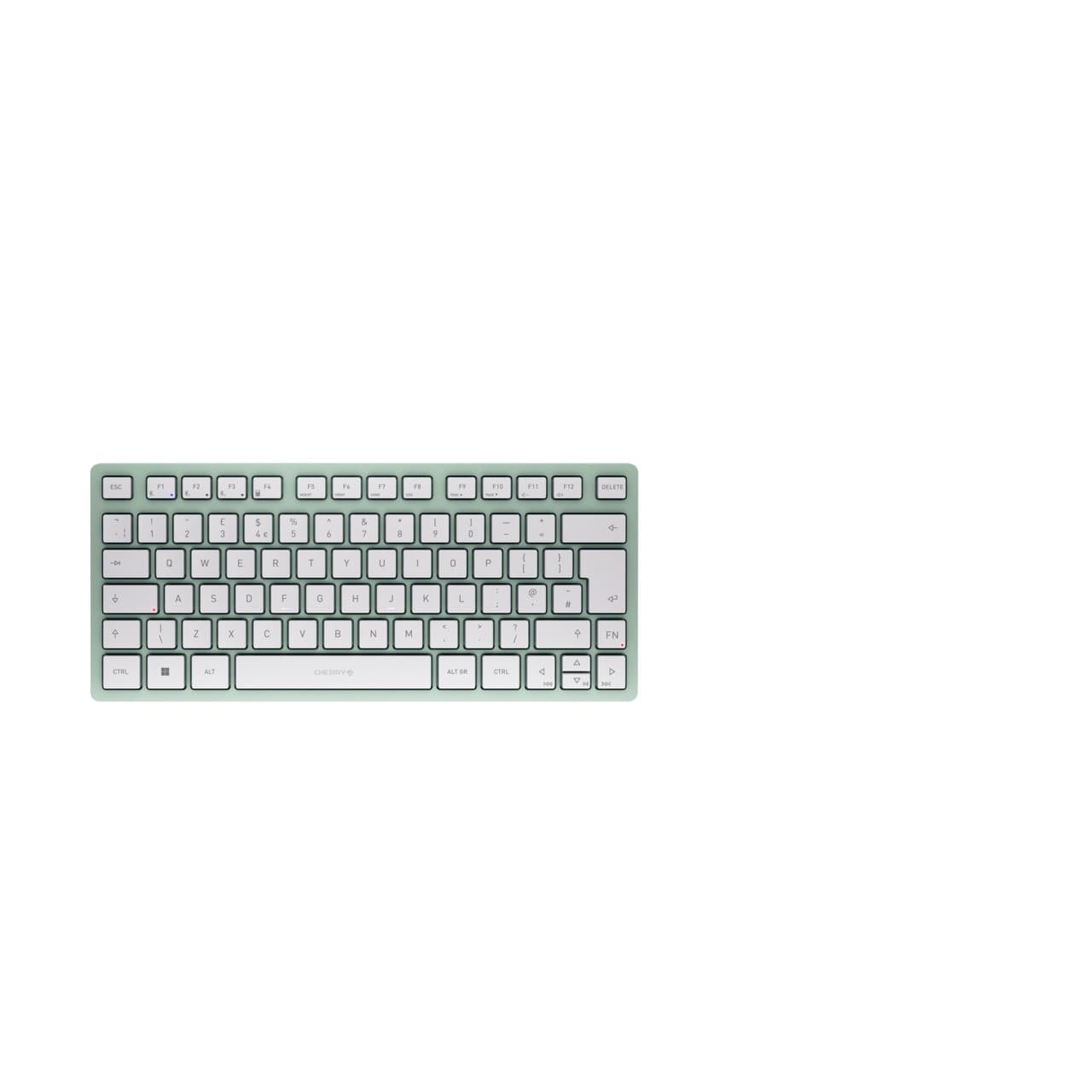 Compact Cherry KW 7100 mini Bluetooth keyboard in light green with white keys, featuring a UK English QWERTY layout and a sleek, minimalist design.