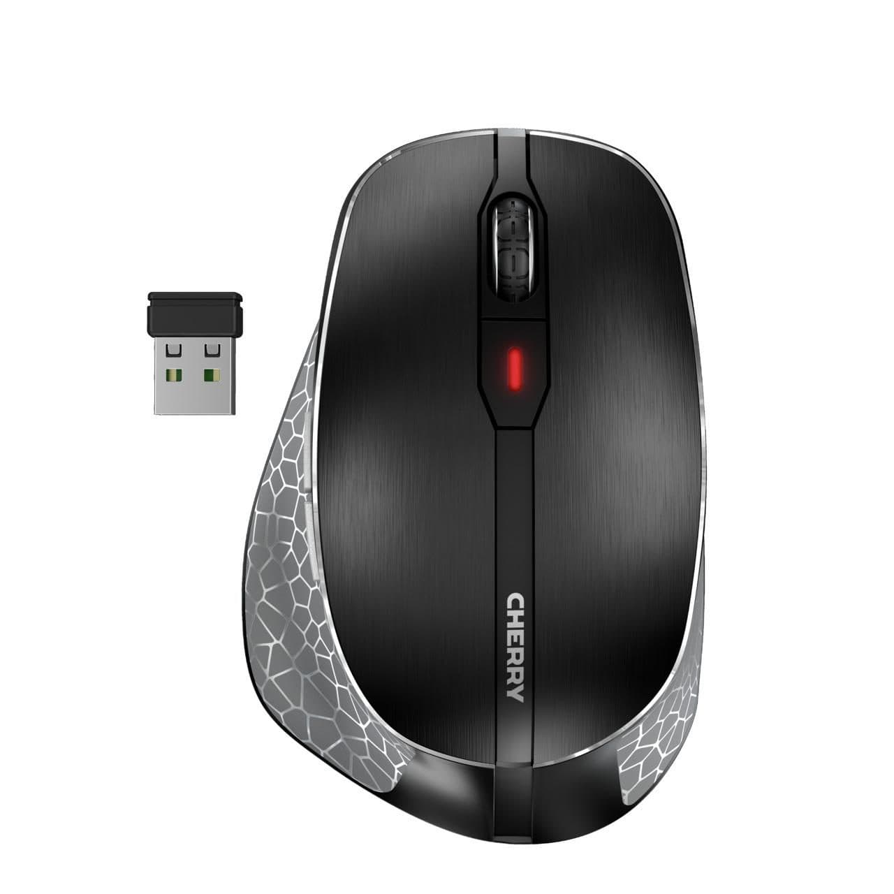 Black Cherry JW-8600 optical mouse featuring a sleek design, six buttons, 3200 DPI sensitivity, and a textured silver side panel, accompanied by a USB receiver.