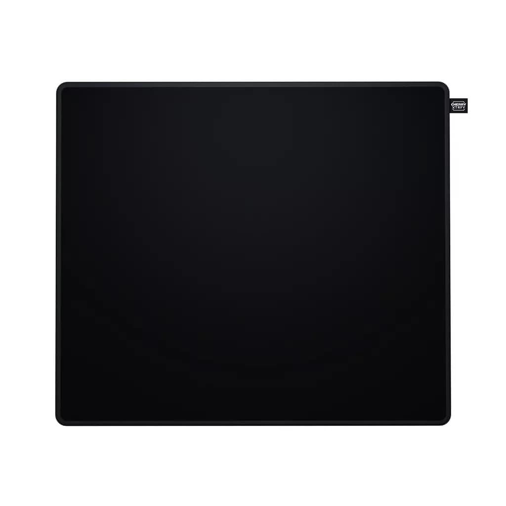 Black gaming mouse pad featuring a smooth surface, stitched edges for durability, and a small branded tag in the corner, designed for precision and control.