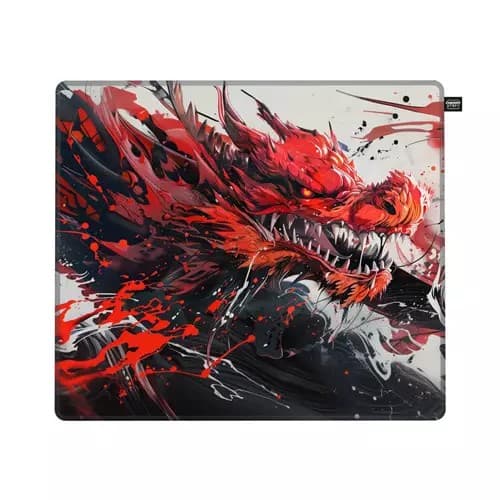 Multicoloured gaming mouse pad featuring a fierce red dragon design with splashes of black and white, made from a smooth fabric surface for optimal mouse movement.