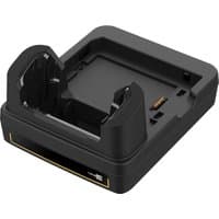Black CipherLab charging dock with rectangular base, curved slots, and gold trim.