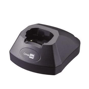 Black charging and communication dock with a curved design, featuring a central connector and the "CipherLab" logo on the front.
