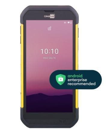 CipherLab RS35 features a rugged design with a black and yellow exterior, a 11-inch touchscreen display, and an "Android Enterprise Recommended" badge on the side.