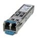 Cisco 10GBASE-SR SFP+ module with a metallic silver casing, blue latch, and two LC duplex connectors, designed for multi-mode fiber connections.