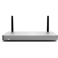 Silver Cisco Meraki MX67W firewall with dual black antennas and LED indicator lights.