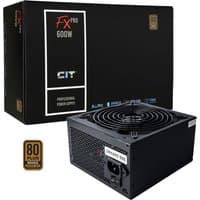 Black CIT 600W ATX power supply with 80+ efficiency, 120mm silent fan, and active PF, shown with packaging.