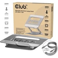 Silver adjustable aluminium laptop stand with USB-C hub, featuring a ventilated design and foldable structure.