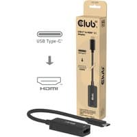Black Club3D USB-C to HDMI 2.1 adapter with short cable, next to beige branded packaging.