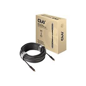 CLUB3D USB Gen 2 Type C Active Optical Cable in black, 20 feet long, features unidirectional M/M connectors, packaged in a beige box with the Club3D logo prominently displayed.