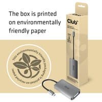 Gray CLUB3D USB-C to Dual Link DVI-D adapter with black cable, eco-friendly packaging in beige box.