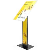 Black Compulocks floor stand with angled Samsung E-Paper Smart Signage, featuring a customizable display panel.