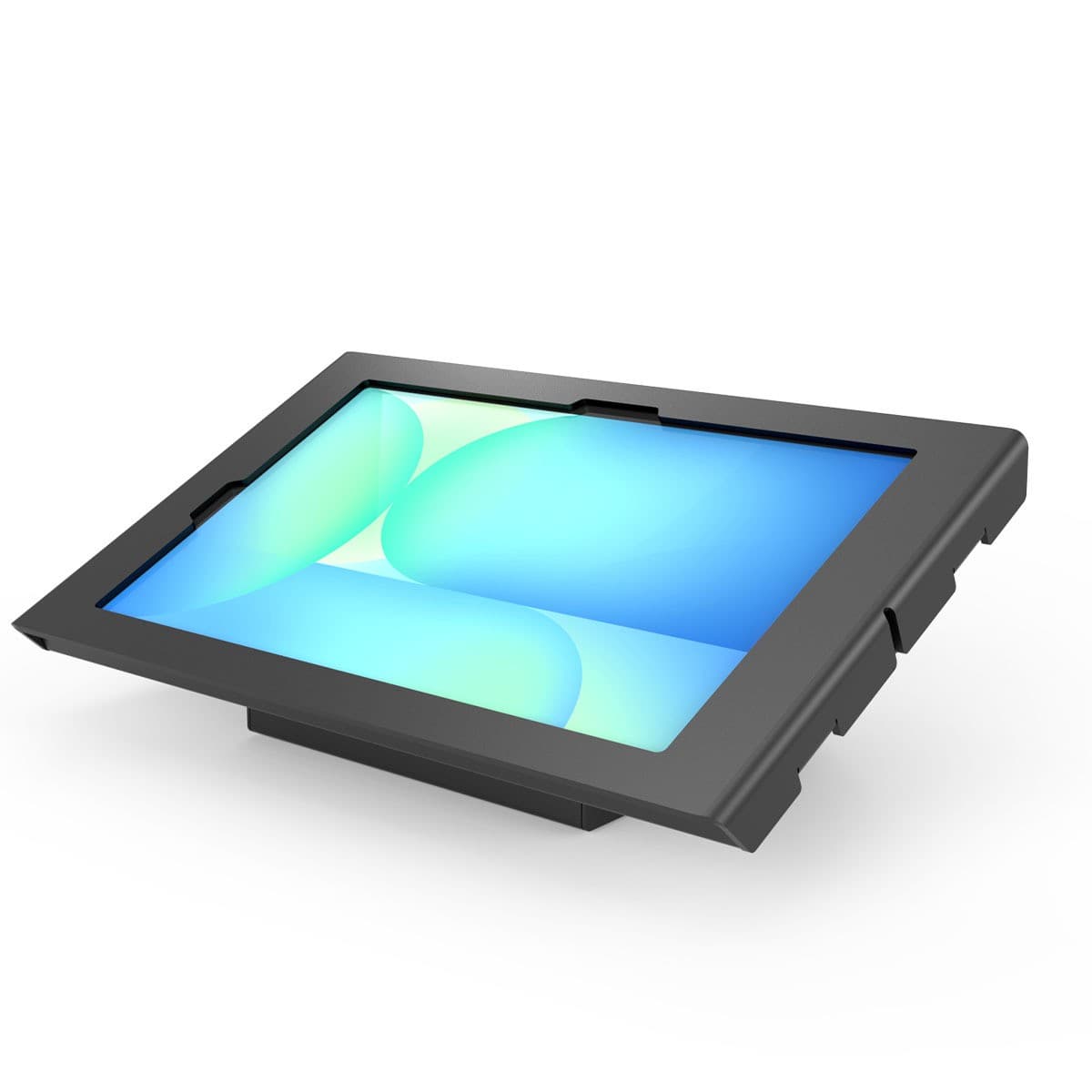 Black, sleek Apex Enclosure designed for the Galaxy Tab S10 FE+, featuring a sturdy frame and a vibrant display with a blue and green abstract background.