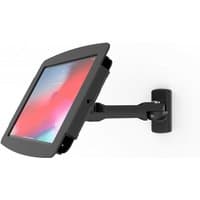 Black Compulocks iPad 10.2" enclosure swing wall mount with adjustable arm and secure frame.