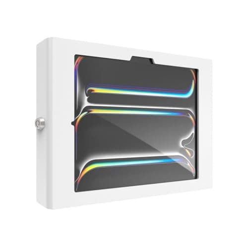 White Apex Secured Enclosure Wall Mount for iPad Pro M4 11in (2024) featuring a sleek design with a transparent front panel and a secure locking mechanism.