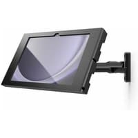 Black Compulocks Surface GO enclosure with adjustable swing arm wall mount, sleek design for secure tablet display.