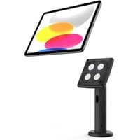 Black Compulocks tablet stand with magnetic mount and round base, holding an angled tablet with colorful screen.