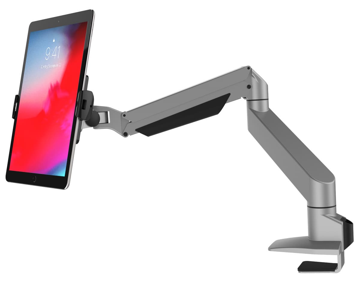 Silver indoor passive holder with a flexible arm, designed for tablets, featuring a sturdy base and adjustable grip for secure positioning.
