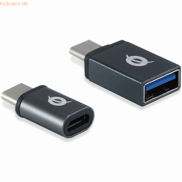 Two Conceptronic DONN04G adapters in black, one USB-C and one USB-A/MicroB, featuring a sleek design with a silver logo, supporting 10Gbps transfer speed.
