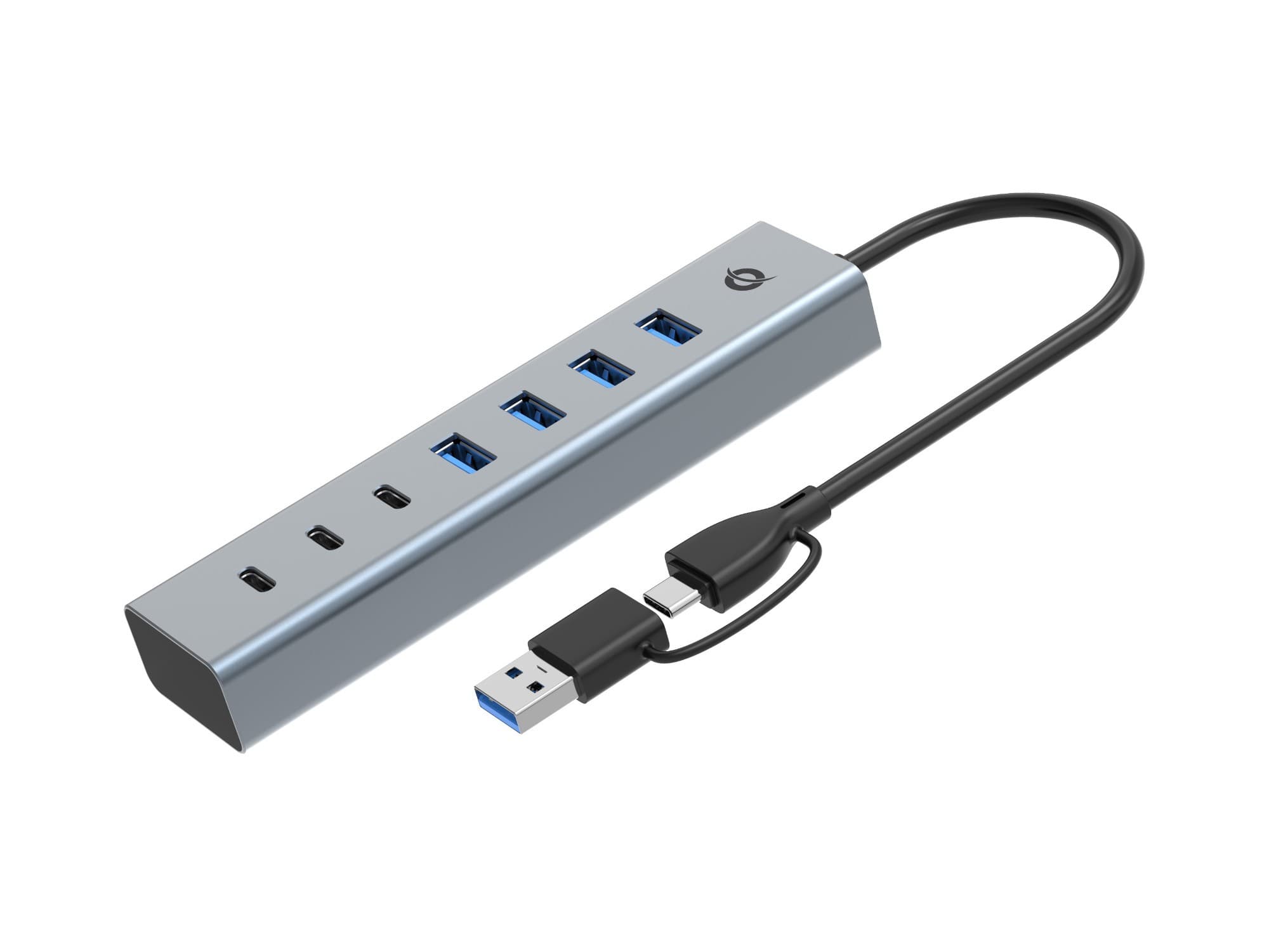 Silver metal 7-port USB 3.0 hub with three USB-C and four USB-A ports, featuring a sleek design and a black cable connector for easy connectivity.