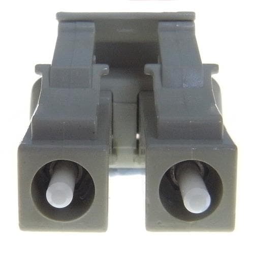 Gray duplex connector with two cylindrical ends, designed for a 10m multi-mode fiber optic cable, featuring OM3 specifications and 50/125 micron dimensions.