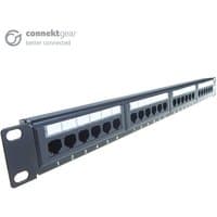 Black connektgear 24 port patch panel, Cat5e IDC punch down, 19-inch rack mount with numbered ports and logo on top left.