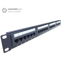Black 24 port patch panel with numbered ports, Cat6 IDC punch down, 19-inch rack mount by CONNEkT Gear.