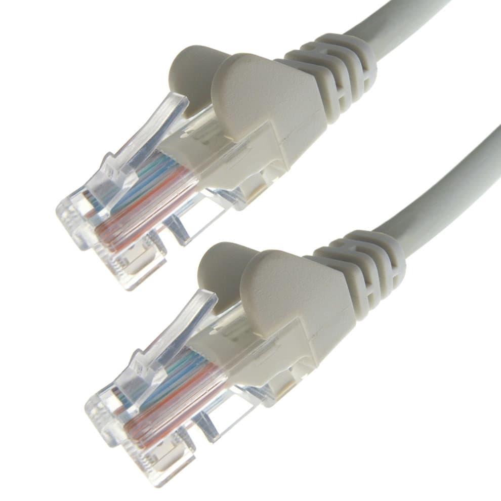 White 25m RJ45 CAT6 UTP stranded network cable with flush moulded connectors, featuring transparent clips and color-coded wires visible inside the connectors.