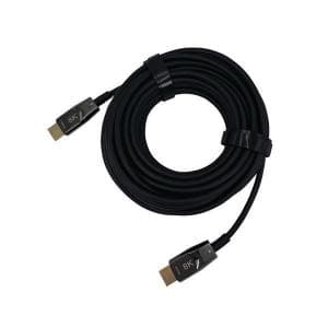 Black HDMI V2.1 AOC cable with male connectors on both ends, featuring gold-plated tips and labeled with "8K" for high-definition compatibility, coiled with a Velcro strap.