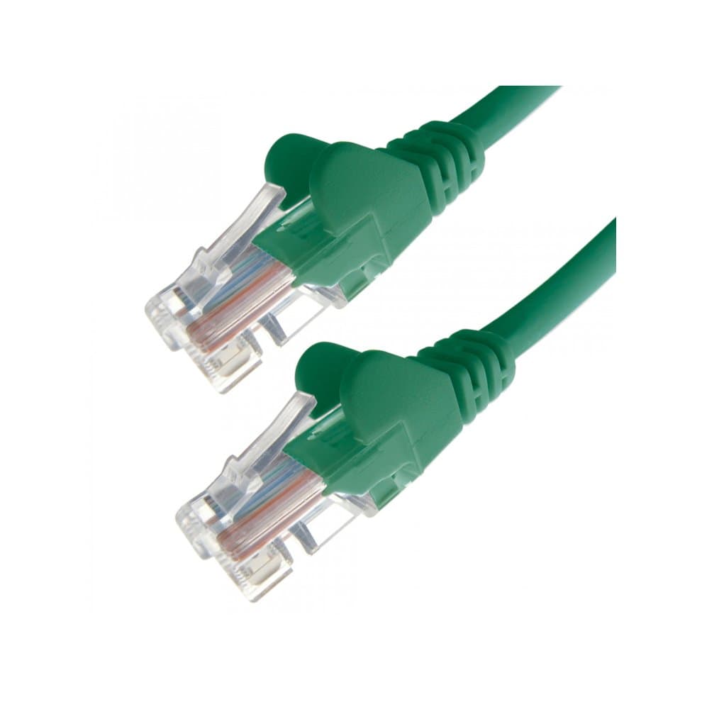 Green 1-meter Cat5e U/UTP networking cable featuring clear plastic connectors with multiple copper wires visible inside.