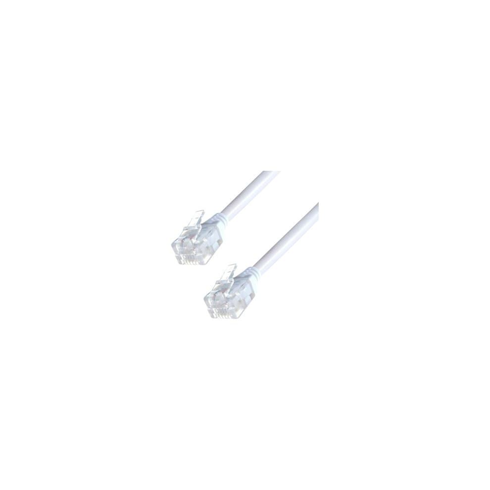 White 2m ADSL broadband modem cable with RJ11 male connectors on both ends, featuring clear plastic clips for secure connection.