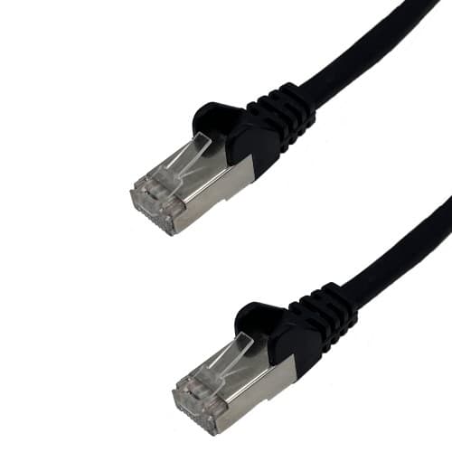 Black 2-meter Cat6a S/FTP networking cable featuring clear plastic connectors with metal clips on both ends, designed for high-speed data transmission.