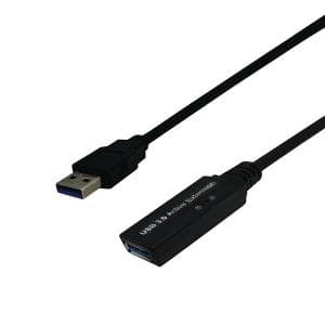 Black 5m USB 3 active extension cable with a male connector on one end and a female connector on the other, featuring a sleek design and labeled for easy identification.