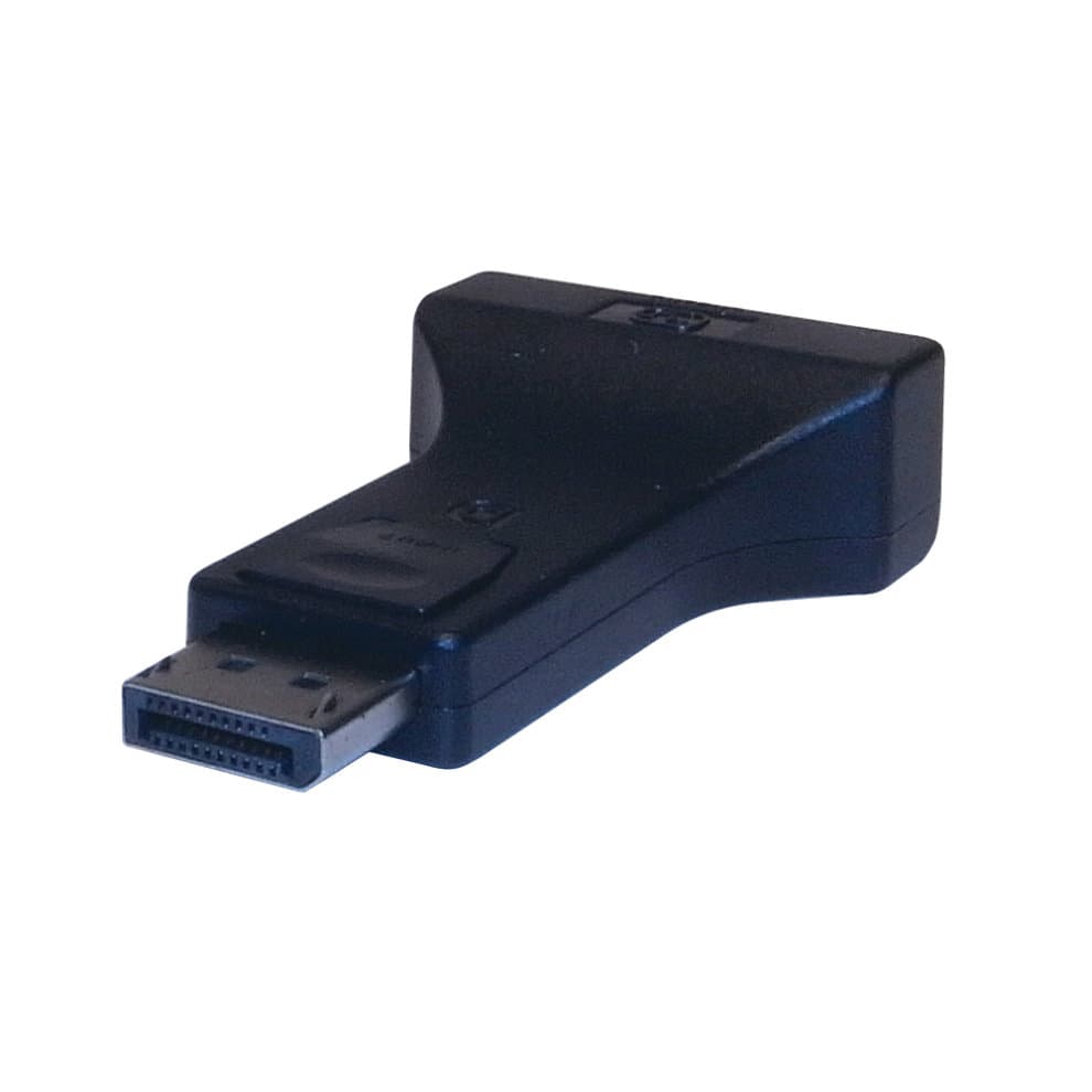 Black DisplayPort to DVI-I active adapter with a compact design, featuring a DisplayPort connector on one end and a DVI-I output on the other.