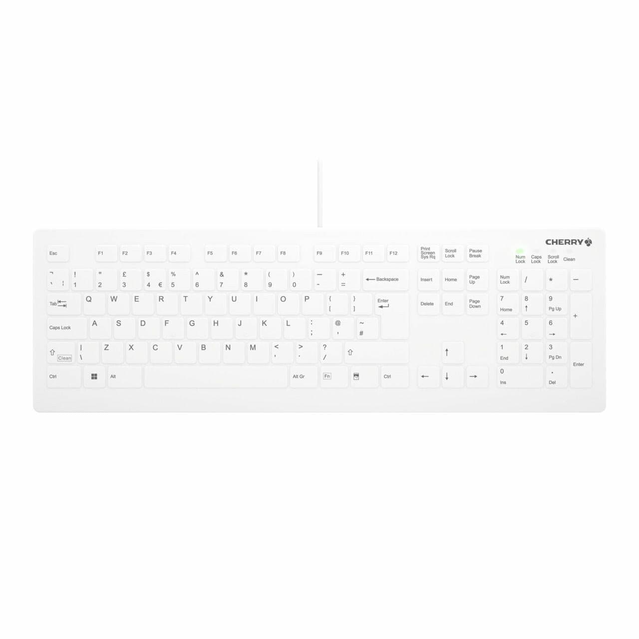 White USB QWERTY keyboard with a sleek design, featuring low-profile keys, a compact layout, and clear labeling, ideal for medical environments.
